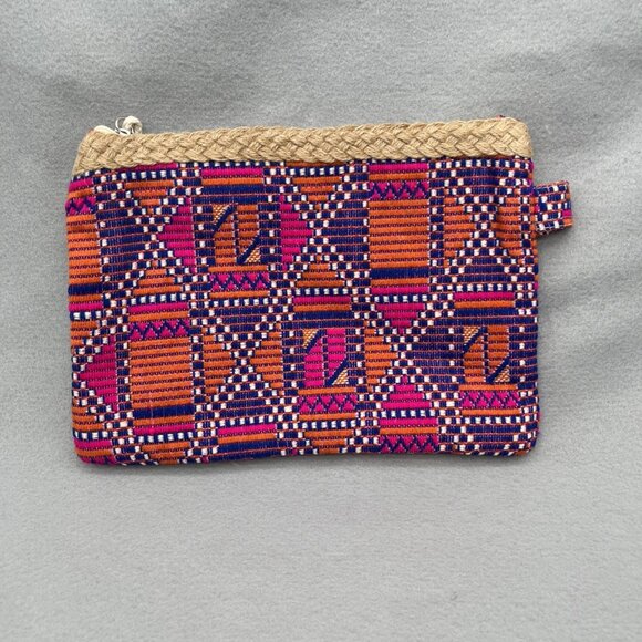 Eccolo Deluxe Woven Zipper Pouch Burlap Trim 11.5" x 8" Pink Orange Purple - Picture 4 of 7